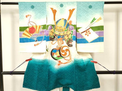 平和屋着物[]お宮参り　男の子　祝着　産着　初着　のしめ　駒刺繍　獅子　兜　鼓花文　暈し染め　金彩　逸品　DAAY3432ma