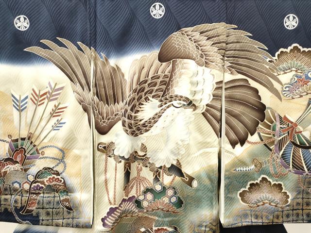 平和屋着物[]お宮参り　男の子　祝着　産着　初着　のしめ　駒刺繍　鷹　鷲　打ち出の小槌　笹松文　暈し染め　金彩　逸品　DAAY3433ma