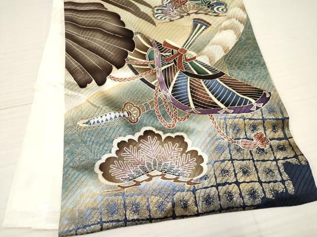 平和屋着物[]お宮参り　男の子　祝着　産着　初着　のしめ　駒刺繍　鷹　鷲　打ち出の小槌　笹松文　暈し染め　金彩　逸品　DAAY3433ma