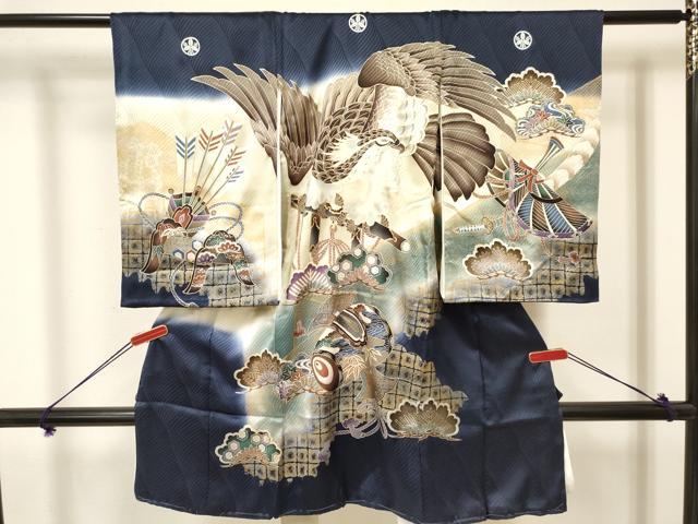 平和屋着物[]お宮参り　男の子　祝着　産着　初着　のしめ　駒刺繍　鷹　鷲　打ち出の小槌　笹松文　暈し染め　金彩　逸品　DAAY3433ma