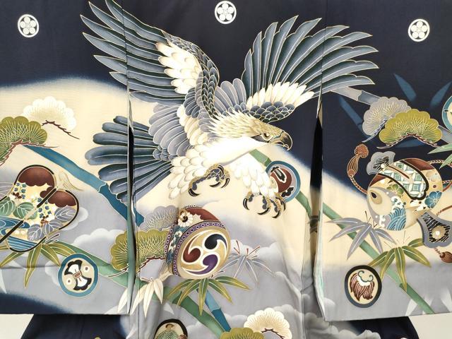 平和屋着物[]お宮参り　男の子　祝着　産着　初着　のしめ　鷹　鷲　扇面御所車笹竹松文　暈し染め　金彩　逸品　DAAY3441ma