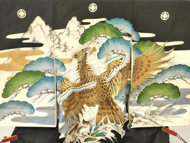平和屋着物[]お宮参り　男の子　祝着　産着　初着　のしめ　刺繍　鷹　鷲　立波笹松文　金彩　逸品　DAAY3443ma