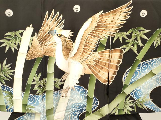 平和屋着物[]お宮参り　男の子　祝着　産着　初着　のしめ　駒刺繍　鷹　鷲　流水笹竹文　金彩　逸品　DAAY3446ma