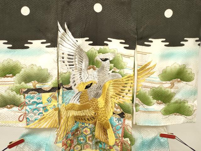 平和屋着物[]お宮参り　男の子　祝着　産着　初着　のしめ　刺繍　鷹　鷲　几帳松文　暈し染め　金彩　逸品　DAAY3449ma