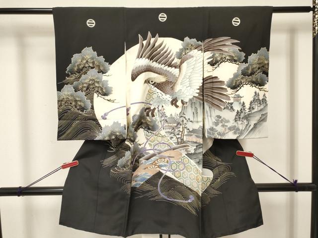 平和屋着物[]お宮参り　男の子　祝着　産着　初着　のしめ　駒刺繍　鷹　鷲　絵巻片輪車松文　金銀彩　逸品　DAAY3451ma