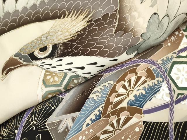 平和屋着物[]お宮参り　男の子　祝着　産着　初着　のしめ　駒刺繍　鷹　鷲　絵巻片輪車松文　金銀彩　逸品　DAAY3451ma