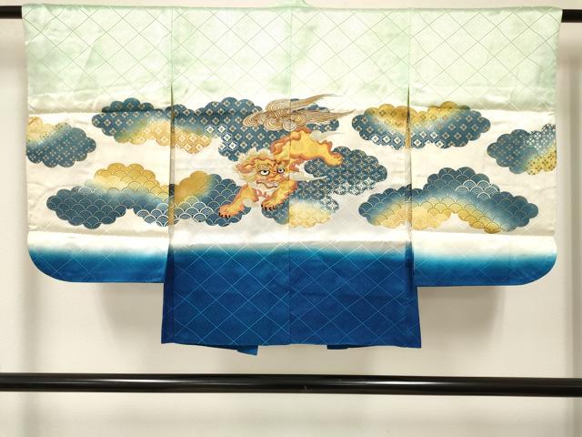 平和屋着物[]七五三　男の子　祝着・羽織・行灯袴セット　刺繍　唐獅子　暈し染め　金彩　洗える着物　DAAY3465ma