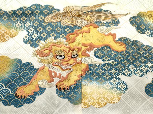 平和屋着物[]七五三　男の子　祝着・羽織・行灯袴セット　刺繍　唐獅子　暈し染め　金彩　洗える着物　DAAY3465ma