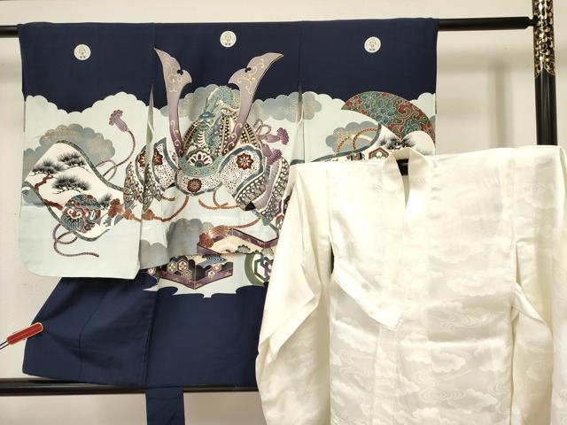 平和屋着物[]七五三　男の子　祝着・長襦袢(袷)セット　駒刺繍　龍　兜　絵巻松文　金彩　逸品　DAAY3467ma