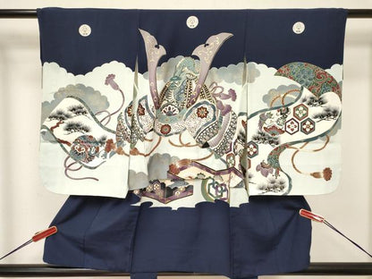 平和屋着物[]七五三　男の子　祝着・長襦袢(袷)セット　駒刺繍　龍　兜　絵巻松文　金彩　逸品　DAAY3467ma