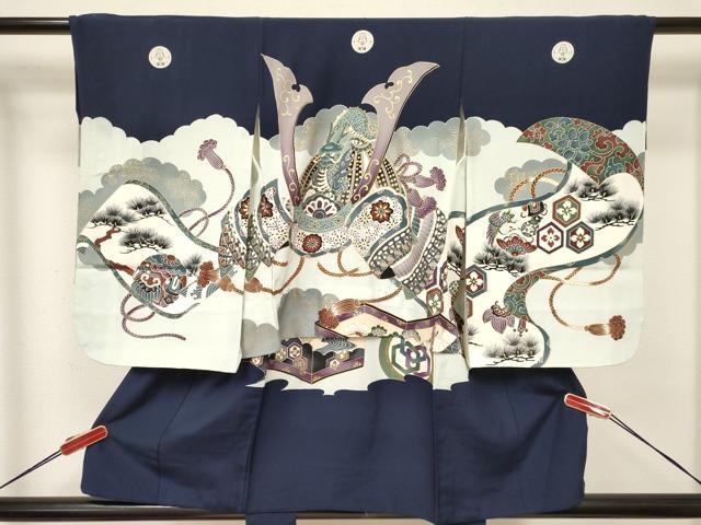 平和屋着物[]七五三　男の子　祝着・長襦袢(袷)セット　駒刺繍　龍　兜　絵巻松文　金彩　逸品　DAAY3467ma