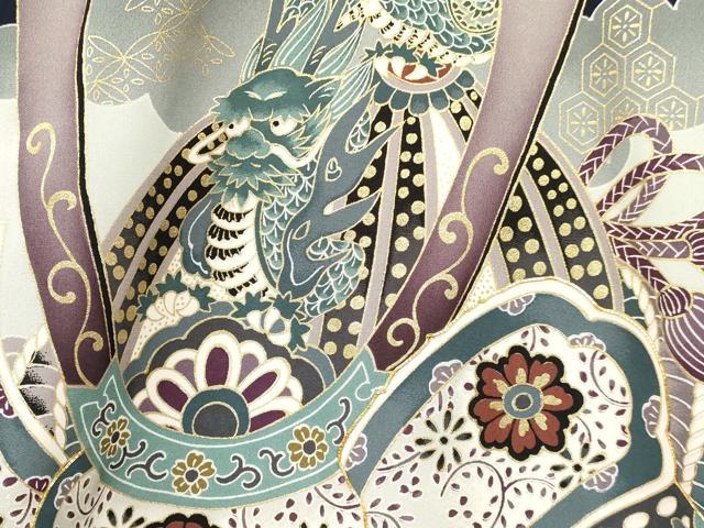 平和屋着物[]七五三　男の子　祝着・長襦袢(袷)セット　駒刺繍　龍　兜　絵巻松文　金彩　逸品　DAAY3467ma