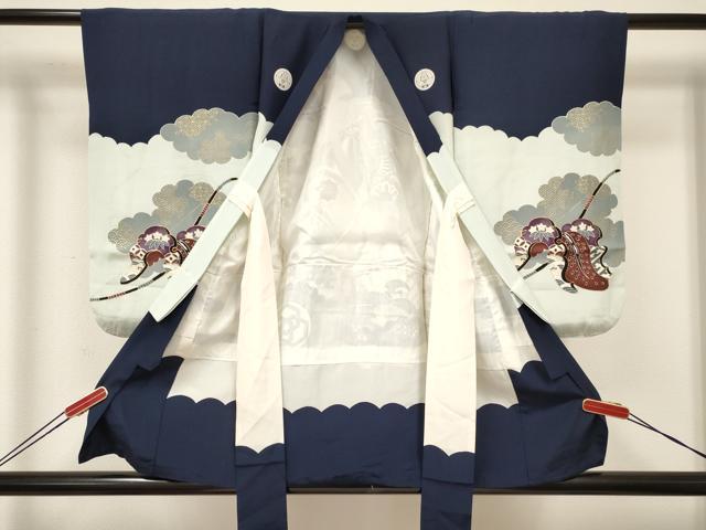 平和屋着物[]七五三　男の子　祝着・長襦袢(袷)セット　駒刺繍　龍　兜　絵巻松文　金彩　逸品　DAAY3467ma