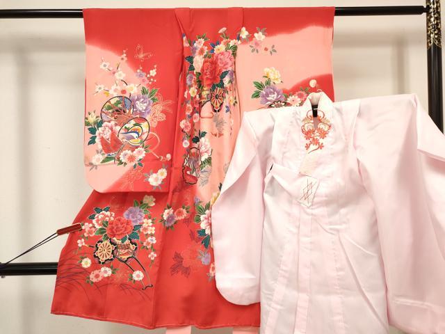 平和屋着物[]七五三　女の子　３歳　祝着　三つ身　長襦袢(袷・半衿刺繍)セット　雪輪舞蝶花車文　暈し染め　金彩　逸品　DAAY3468ma