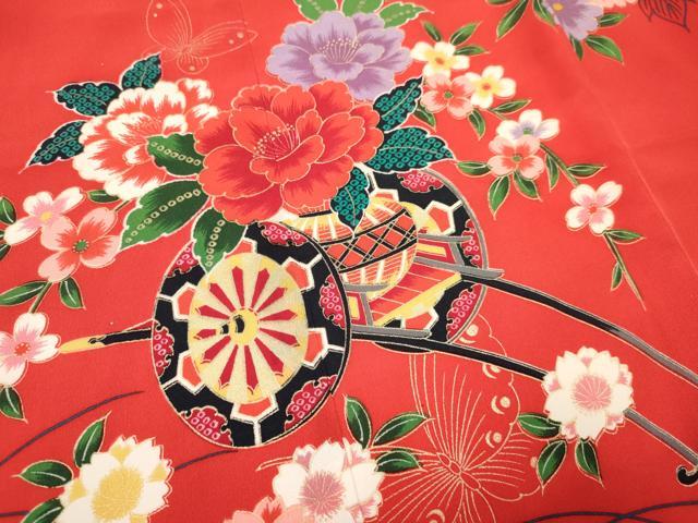 平和屋着物[]七五三　女の子　３歳　祝着　三つ身　長襦袢(袷・半衿刺繍)セット　雪輪舞蝶花車文　暈し染め　金彩　逸品　DAAY3468ma