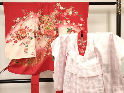 平和屋着物[]七五三　女の子　３歳　祝着　三つ身　長襦袢(袷・半衿刺繍)セット　鼓花文　暈し染め　金彩　逸品　DAAY3469ma