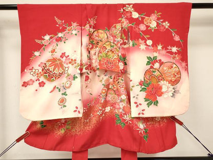 平和屋着物[]七五三　女の子　３歳　祝着　三つ身　長襦袢(袷・半衿刺繍)セット　鼓花文　暈し染め　金彩　逸品　DAAY3469ma