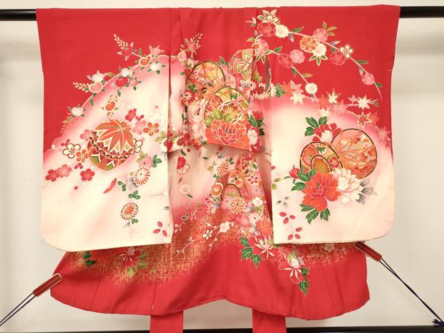 平和屋着物[]七五三　女の子　３歳　祝着　三つ身　長襦袢(袷・半衿刺繍)セット　鼓花文　暈し染め　金彩　逸品　DAAY3469ma