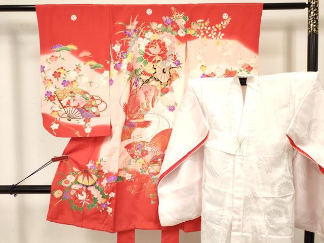 平和屋着物[]七五三　女の子　３歳　祝着　三つ身　長襦袢(袷)セット　鞠　糸車飛鶴花車文　暈し染め　金彩　逸品　DAAY3470ma