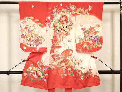平和屋着物[]七五三　女の子　３歳　祝着　三つ身　長襦袢(袷)セット　鞠　糸車飛鶴花車文　暈し染め　金彩　逸品　DAAY3470ma
