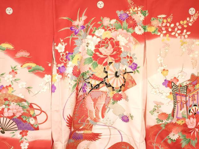平和屋着物[]七五三　女の子　３歳　祝着　三つ身　長襦袢(袷)セット　鞠　糸車飛鶴花車文　暈し染め　金彩　逸品　DAAY3470ma