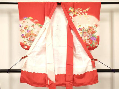 平和屋着物[]七五三　女の子　３歳　祝着　三つ身　長襦袢(袷)セット　鞠　糸車飛鶴花車文　暈し染め　金彩　逸品　DAAY3470ma
