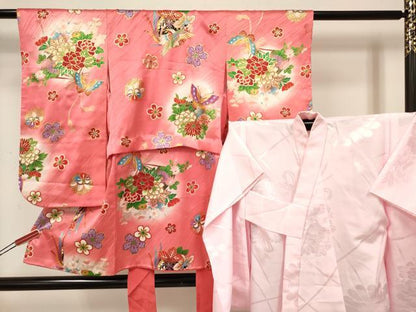 平和屋着物[]七五三　女の子　３歳　祝着　三つ身　長襦袢(単衣)セット　雪輪鳳凰花蝶文　暈し染め　金彩　逸品　DAAY3471ma