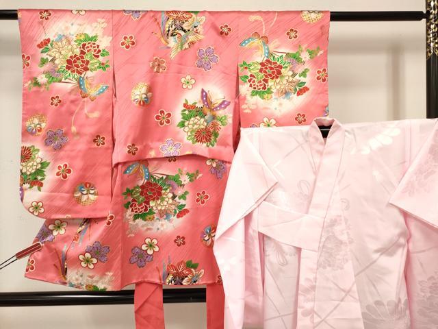 平和屋着物[]七五三　女の子　３歳　祝着　三つ身　長襦袢(単衣)セット　雪輪鳳凰花蝶文　暈し染め　金彩　逸品　DAAY3471ma