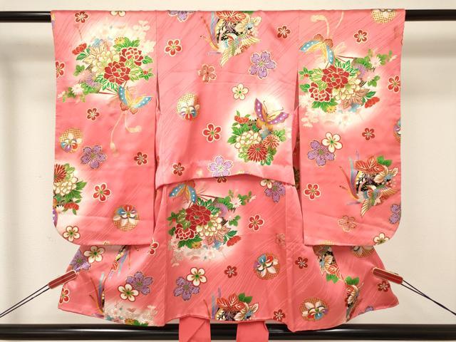 平和屋着物[]七五三　女の子　３歳　祝着　三つ身　長襦袢(単衣)セット　雪輪鳳凰花蝶文　暈し染め　金彩　逸品　DAAY3471ma