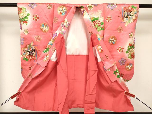 平和屋着物[]七五三　女の子　３歳　祝着　三つ身　長襦袢(単衣)セット　雪輪鳳凰花蝶文　暈し染め　金彩　逸品　DAAY3471ma