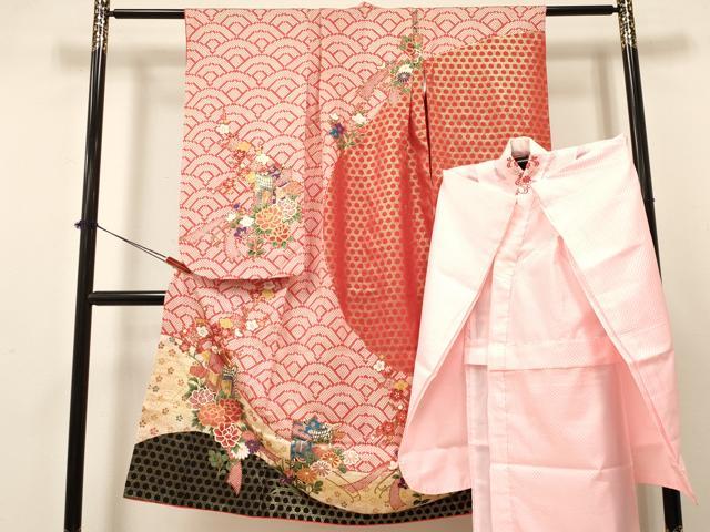 平和屋着物[]七五三　女の子　７歳　祝着　四つ身　襦袢(無双仕立て・半衿刺繍)セット　駒刺繍　御所車花文　金彩　逸品　DAAY3478ma