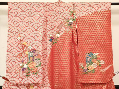 平和屋着物[]七五三　女の子　７歳　祝着　四つ身　襦袢(無双仕立て・半衿刺繍)セット　駒刺繍　御所車花文　金彩　逸品　DAAY3478ma