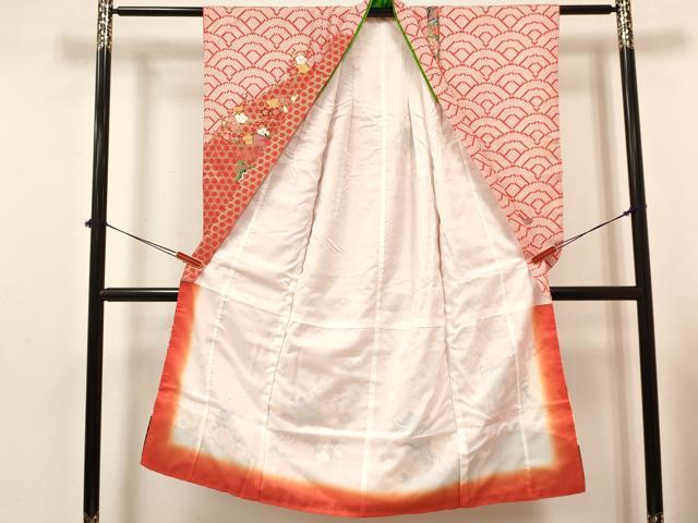 平和屋着物[]七五三　女の子　７歳　祝着　四つ身　襦袢(無双仕立て・半衿刺繍)セット　駒刺繍　御所車花文　金彩　逸品　DAAY3478ma