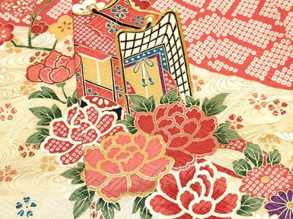 平和屋着物[]七五三　女の子　７歳　祝着　四つ身　襦袢(無双仕立て・半衿刺繍)セット　駒刺繍　御所車花文　金彩　逸品　DAAY3478ma