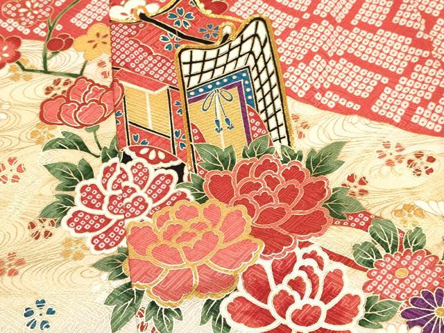 平和屋着物[]七五三　女の子　７歳　祝着　四つ身　襦袢(無双仕立て・半衿刺繍)セット　駒刺繍　御所車花文　金彩　逸品　DAAY3478ma