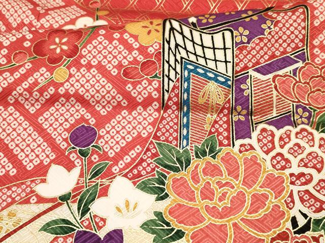 平和屋着物[]七五三　女の子　７歳　祝着　四つ身　襦袢(無双仕立て・半衿刺繍)セット　駒刺繍　御所車花文　金彩　逸品　DAAY3478ma