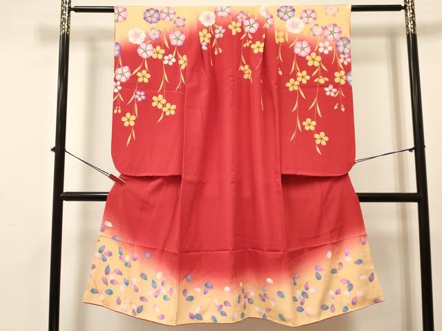 平和屋着物[]七五三　女の子　７歳　祝着　四つ身　襦袢(無双仕立て・半衿刺繍)セット　枝垂れ桜　暈し染め　金彩　逸品　DAAY3479ma