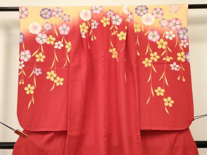 平和屋着物[]七五三　女の子　７歳　祝着　四つ身　襦袢(無双仕立て・半衿刺繍)セット　枝垂れ桜　暈し染め　金彩　逸品　DAAY3479ma