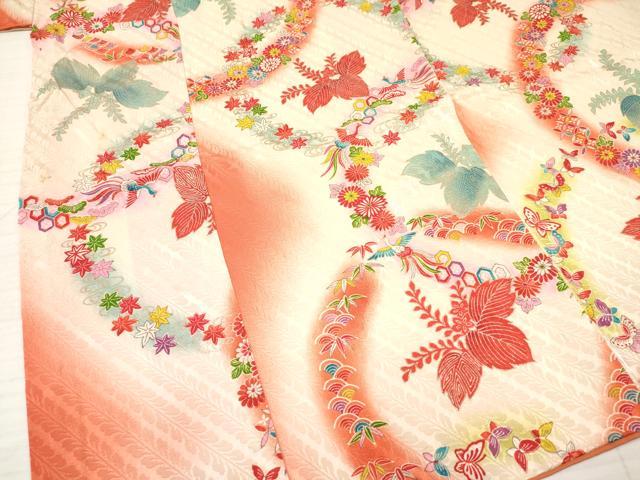 平和屋着物[]七五三　女の子　７歳　祝着　四つ身　長襦袢(無双仕立て)セット　鳳凰舞蝶桐花文　暈し染め　金彩　逸品　DAAY3480ma