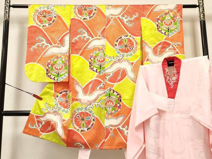 平和屋着物[]七五三　女の子　７歳　祝着　四つ身　長襦袢(袷・半衿刺繍)セット　飛鶴立波花文　金彩　逸品　DAAY3481ma