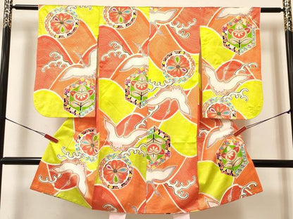 平和屋着物[]七五三　女の子　７歳　祝着　四つ身　長襦袢(袷・半衿刺繍)セット　飛鶴立波花文　金彩　逸品　DAAY3481ma