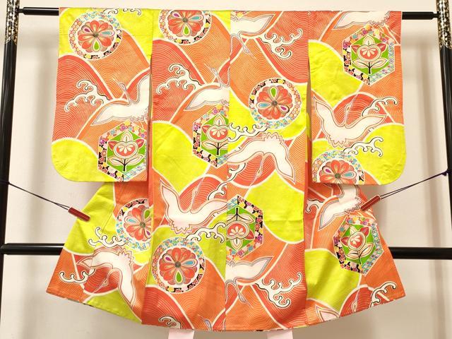 平和屋着物[]七五三　女の子　７歳　祝着　四つ身　長襦袢(袷・半衿刺繍)セット　飛鶴立波花文　金彩　逸品　DAAY3481ma