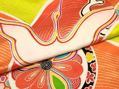 平和屋着物[]七五三　女の子　７歳　祝着　四つ身　長襦袢(袷・半衿刺繍)セット　飛鶴立波花文　金彩　逸品　DAAY3481ma