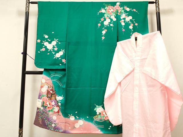 平和屋着物[]七五三　女の子　７歳　祝着　四つ身　襦袢(無双仕立て)セット　御所車花文　暈し染め　金彩　逸品　未使用　DAAY3482ma