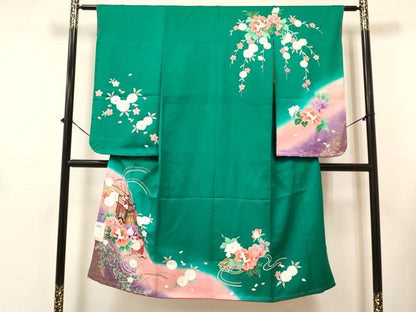 平和屋着物[]七五三　女の子　７歳　祝着　四つ身　襦袢(無双仕立て)セット　御所車花文　暈し染め　金彩　逸品　未使用　DAAY3482ma