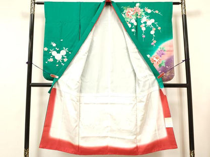 平和屋着物[]七五三　女の子　７歳　祝着　四つ身　襦袢(無双仕立て)セット　御所車花文　暈し染め　金彩　逸品　未使用　DAAY3482ma