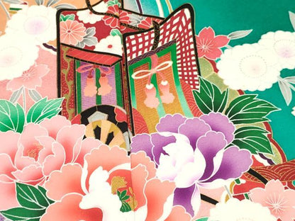 平和屋着物[]七五三　女の子　７歳　祝着　四つ身　襦袢(無双仕立て)セット　御所車花文　暈し染め　金彩　逸品　未使用　DAAY3482ma