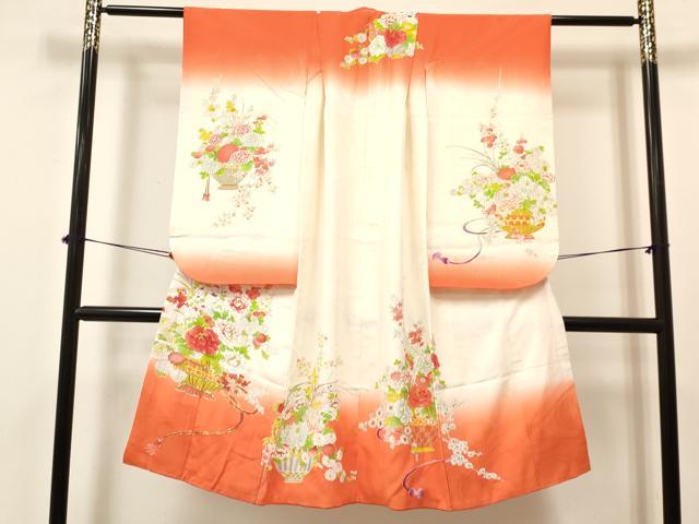 平和屋着物[]七五三　女の子　７歳　祝着　四つ身　長襦袢(無双仕立て)セット　駒刺繍　陶器牡丹花文　暈し染め　金糸　逸品　DAAY3485ma