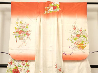 平和屋着物[]七五三　女の子　７歳　祝着　四つ身　長襦袢(無双仕立て)セット　駒刺繍　陶器牡丹花文　暈し染め　金糸　逸品　DAAY3485ma