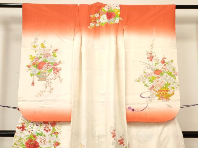 平和屋着物[]七五三　女の子　７歳　祝着　四つ身　長襦袢(無双仕立て)セット　駒刺繍　陶器牡丹花文　暈し染め　金糸　逸品　DAAY3485ma